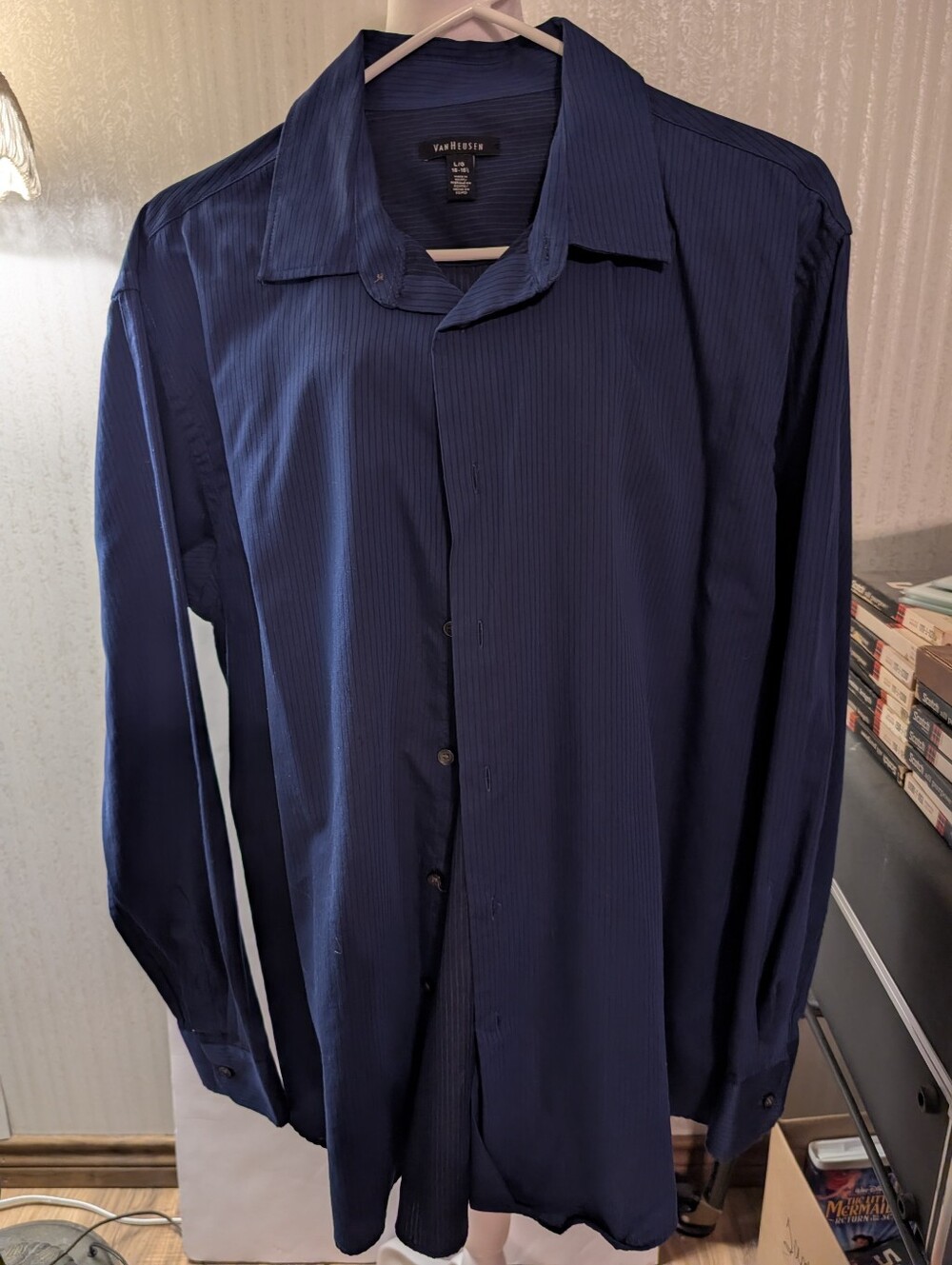 Van Heusen Dark Blue With Black Pinstripe Dress Shirt Large